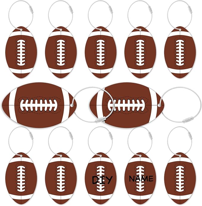 12 Pcs Football Luggage Tags for Suitcases Travel Suitcase Labels with Metal Ring 2.75in Football Keychain,Football Accessories PVC Name Id and DIY Pocket Hug Card for Men Women Travel Bag Suitcase