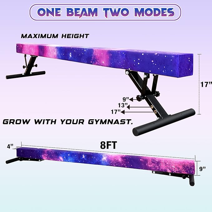PreGymnastic 8FT Balance Beam, Raised Gymnastics Beam for Kids Ages 3-12, Home Gym Equipment for Training, Adjustable Balancing Beam Indoor, Off-Ground Competition Style