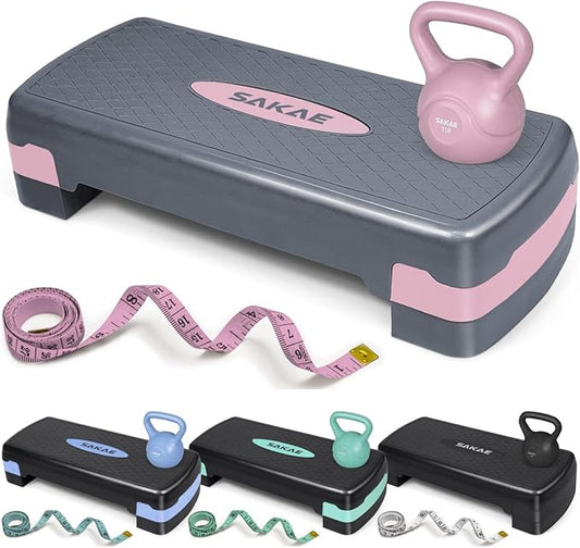SAKAE Step Aerobics Platform Set with Kettlebell & Measuring Tape, Aerobic Steppers for Exercise at Home, Adjustable Height 2 Level Risers Workout Step Trainer with Non-Slip Surface, Multiple Colors