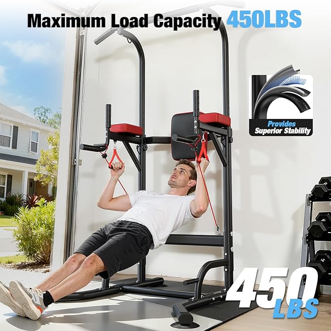 Dskeuzeew Power Tower Pull Up Bar Station for Home Gym Strength, 450LBS Pull Up Dip Station Assistive Trainer Height Adjustable with Elastic Ropes, Pull Up Bar Free Standing Heavy-Duty Fitness Equipment