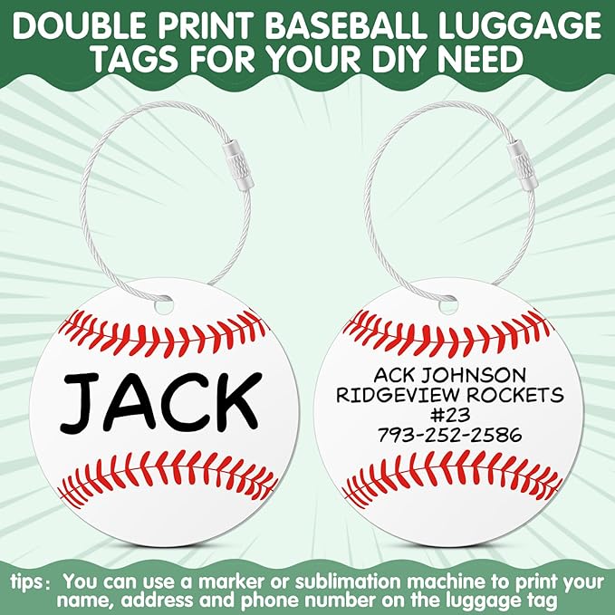 12 Pcs Baseball Luggage Tags for Suitcases Travel Suitcase Labels with Metal Ring 2.75in Baseball Keychain, PVC Name Id and DIY Pocket Hug Card Backpack Charms for Men Women Travel Bag Suitcase