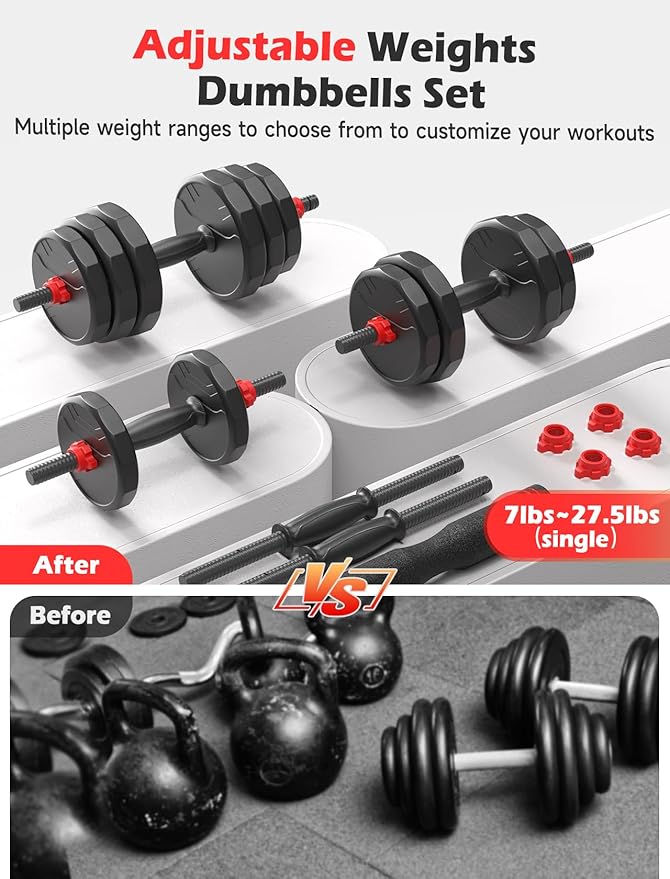 Adjustable dumbbell set,20/35/45/55/70/90lbs Free Weights set with upgraded nut, 5 in 1 Weight Set Used as Kettlebells, Barbell, Push up Stand, Fitness Exercise for Home Gym Suitable Men/Women