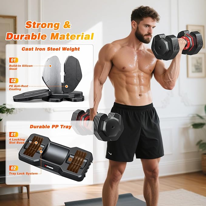 XDDIAS Adjustable Dumbbell Set of 2, 25/55/80LB Dumbbell Set-Fast Adjust Weights Set, 5/10/16 in 1 Free Weights Dumbbells Set with Anti-Slip Metal Handle, Compact Size for Men/Women Home Gym Equipment
