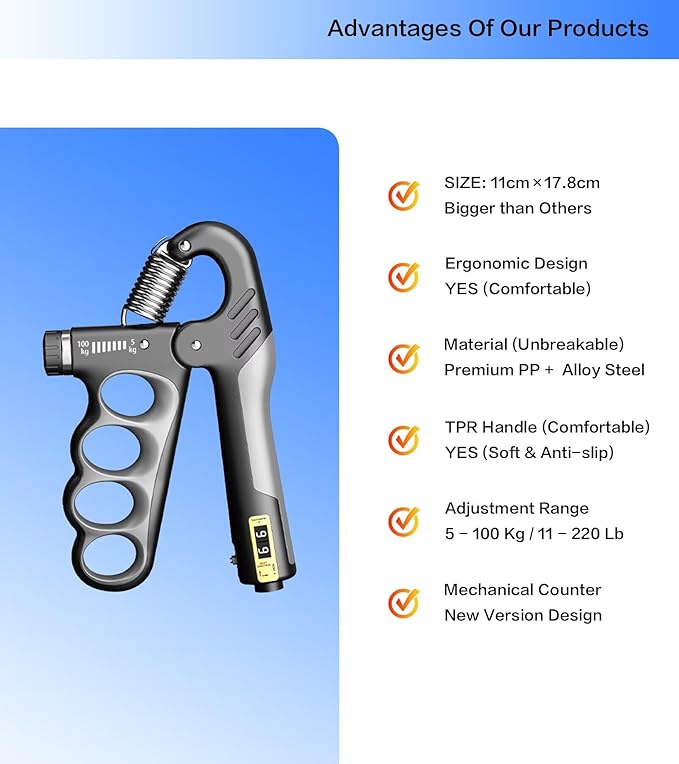 Grip Strength Trainer with Automatic Counter, Hand Grip Strengthener with Adjustable Resistance 11-220Lbs(5-100KG), Ergonomic Design Forearm Strengthener for Musicians Athletes and Injury Recovery