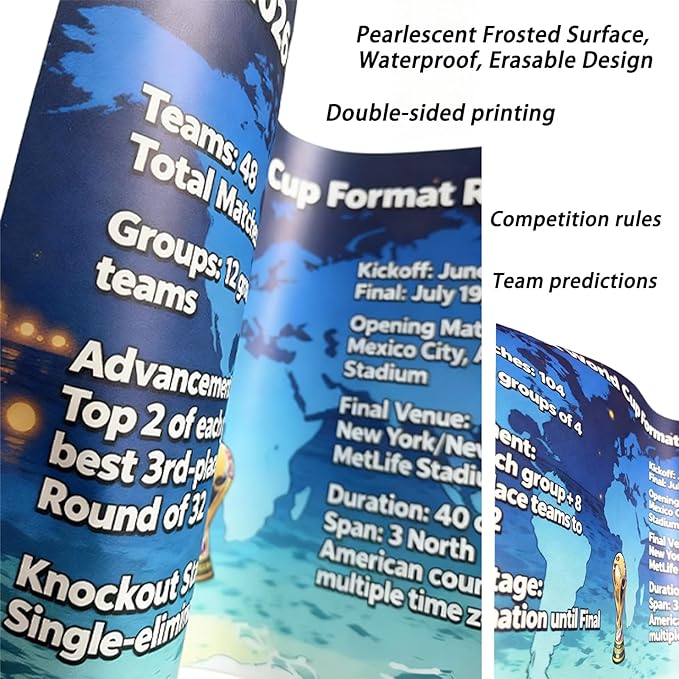 TOKLYUIE 2026 Waterproof 2 in 1 World Cup Soccer Schedule Poster Reusable Tear Resistant Poster for Fan Cave Wall Decor Football Fans Gift