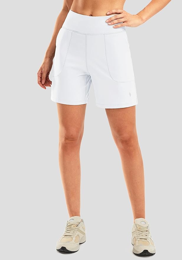 SANTINY Women's 6'' Athletic Long Shorts with 4 Pockets High Waisted Bermuda Shorts for Women Walking Running Casual