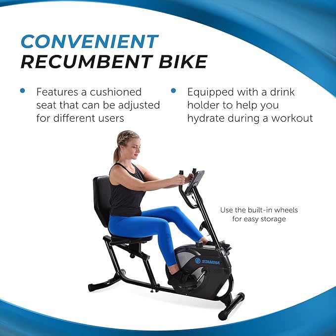 Stamina Recumbent Exercise Bike for Home 346 w/Smart Workout App - Stationary Bike for Adults, Seniors w/Large, Adjustable, Comfortable Seat & Walk-Thru Design