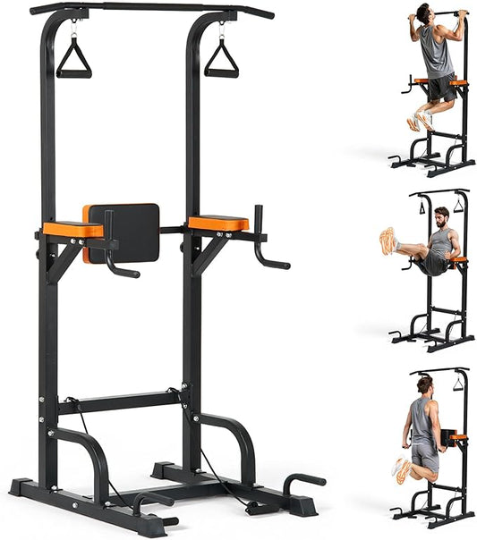 Power Tower Pull Up Bar,Pull Up Bar Station, 6-Level Adjustable Pull Up Dip Station for Home Gym, 450 Lbs Weight Capacity, Strength Training Fitness Workout Equipment with Power Elastic Ropes