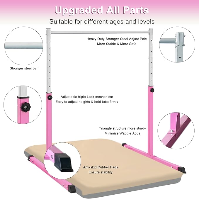 Gymnastics Bar for Kids Ages 3-15, 3' to 5' Adjustable Height, Gymnastic Kip Bar Horizontal Bar for Gymnas, Anti-Slip and Easy to Assemble, Home Gym Equipment Indoor for Girls, Boys