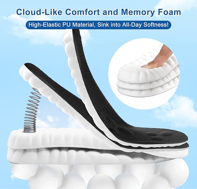 4D Cloud Insoles for Men Women, Memory Foam Boot Insoles, Comfortable and Breathable Massage Cushion Shoe Inserts with Arch Support, Trim to Fit All Shoe Types(2Pair-Black, Men 5-6/Women 6.5-7.5)