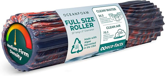Oceanfoam Tidal Roller - Red, Dark Navy & Natural Marbled - Muscle Massage Foam Roller for Back Pain & Stretching - Firm & Ergonomic Wide Wave Textured - Yoga, Athletics, Wellness - Full Size 20" x 5"
