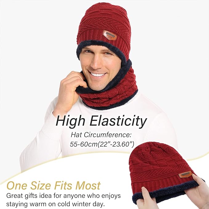 FZ FANTASTIC ZONE Mens Womens Winter Beanie Hat Scarf Set Warm Knit Thick Fleece Lined Skull Cap Neck Warmer for Men Women