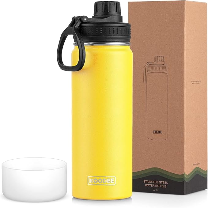 koodee Insulated Water Bottle, 22 oz Stainless Steel Double Wall Vacuum Wide Mouth Sport Bottle with Leakproof Spout Lid (Yellow)