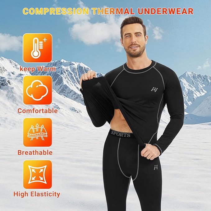 Men Thermal Underwear Set Long Johns with Fleece Lined Base Layer Men Cold Weather Top Bottom for Skiing Running