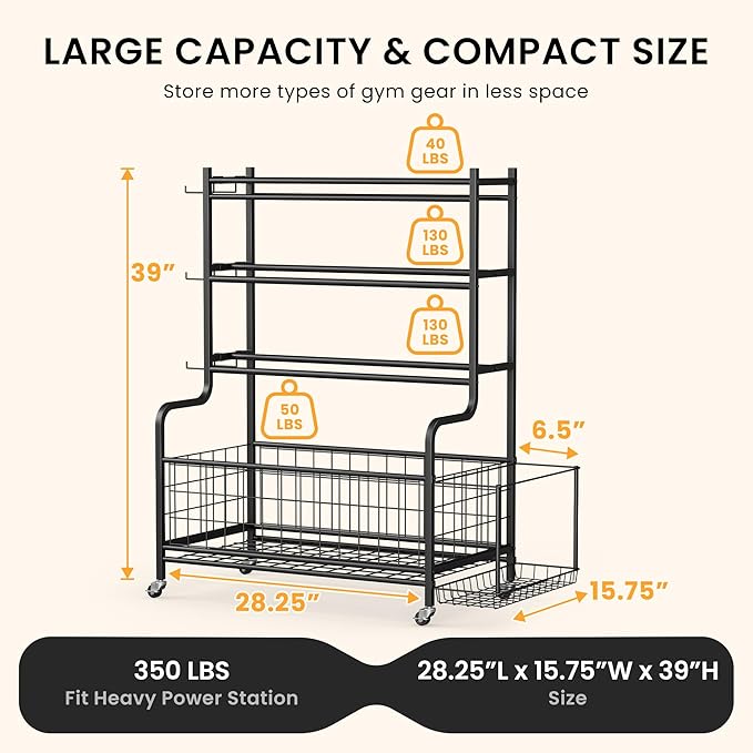 Dumbbell Rack, Weight Rack for Home Gym, Weight Stand for Dumbbells Kettlebells Yoga Mat and Balls, All in One Home Gym Storage with Universal Wheels and Hooks, Workout Storage for Yoga(Metal)