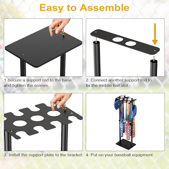 Baseball Bat Holder Display Stand, Holds 8 Bats 5 Balls 4 Gloves, Heavy Duty Metal Storage Rack for Home Garage Dugout, Black