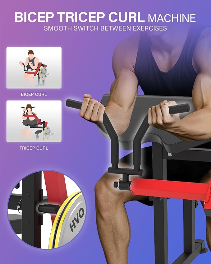 HVO Bicep Tricep Curl Machine: Adjustable Preacher Arm Bicep Curl and Tricep Extension Machine Plate Loaded Exercise Equipment for Home Gym