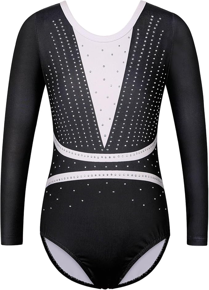 BAOHULU Gymnastics Leotards for Girls Long Sleeve Sparkly Cute Pattern Dance Outfit with Matching Shorts Set