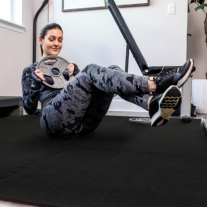 SUPERJARE 0.56'' Thick 36 Pcs 144 Sq Ft Rubber Top Exercise Equipment Mats, High Density EVA Foam Mats with Rubber Top, Interlocking Gym Flooring for Home Gym, Protective Workout Mat, Black