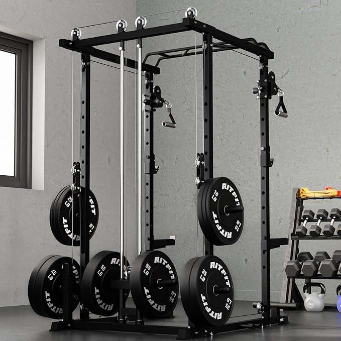 RitFit Upgraded PPC-P3 Power Cage, 3-in-1 Home Gym with Aluminum Pulley System, 1200LBS Capacity, Includes LAT Pulldown, Landmine, J-Hooks & 20+ Attachments, Fits Compact Spaces Black Red