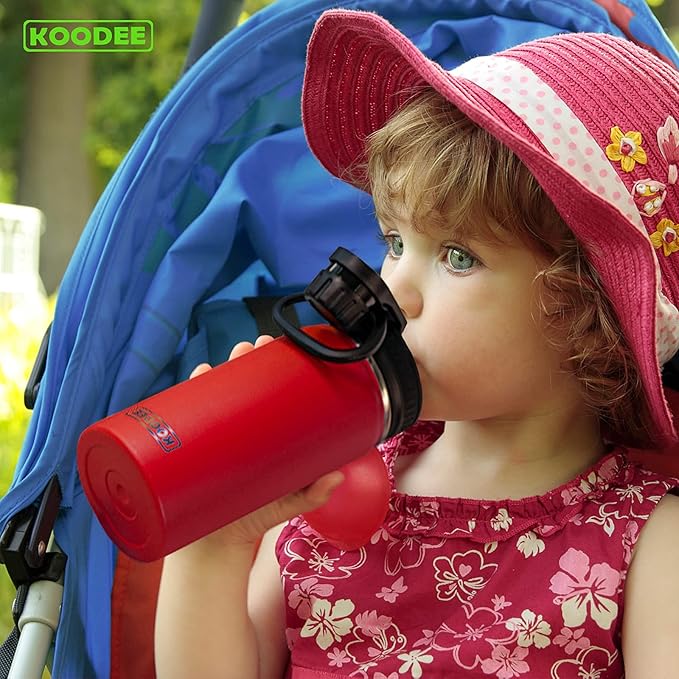 koodee Kids 16 oz Stainless Steel Vacuum Insulated Water Bottle for Back to School Wide Mouth Flask with Leakproof Spout Lid (Canyon Red)