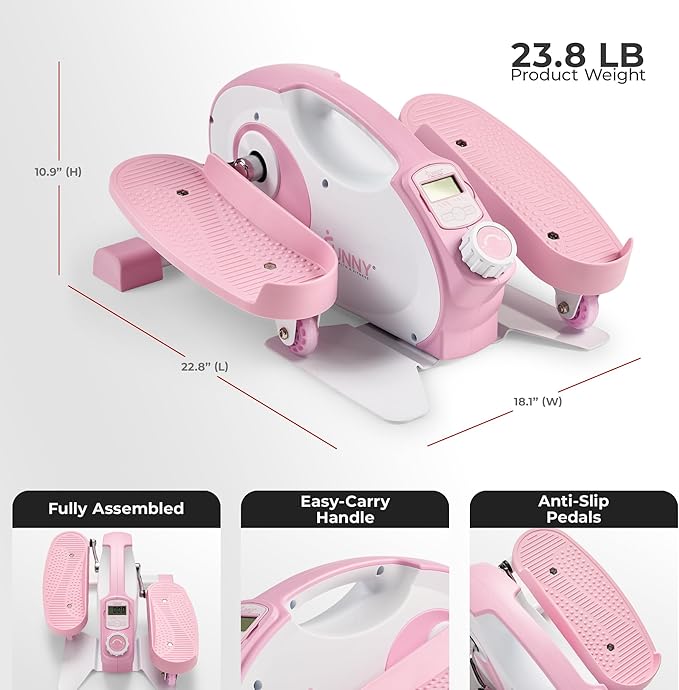 Sunny Health & Fitness Under Desk Pedal Elliptical Machine, Adjustable Resistance Leg Exerciser Home Workout While Sitting for Seniors, Optional Motorize or in Pink with SunnyFit App via Bluetooth