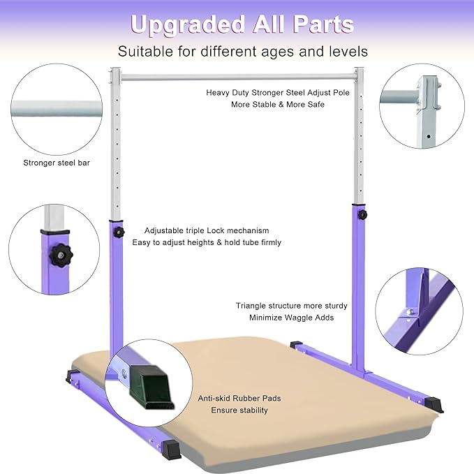 Gymnastics Bar for Kids Ages 3-15, 3' to 5' Adjustable Height, Gymnastic Kip Bar Horizontal Bar for Gymnas, Anti-Slip and Easy to Assemble, Home Gym Equipment Indoor for Girls, Boys