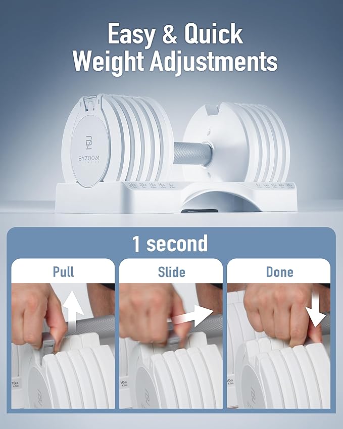 BYZOOM FITNESS Adjustable Dumbbell – 12.5/25lb Single Unit OR Set of 2 – 5-in-1 Adjustable Weight for Home Gym, Strength Training & Fitness Workouts, White OR Black