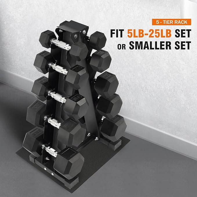 Fitvids 150 LB Rubber Coated Hex Dumbbell Set with Storage Rack, 5-25LB Hand Weight Set with Anti-Slip Grip for Home Gym