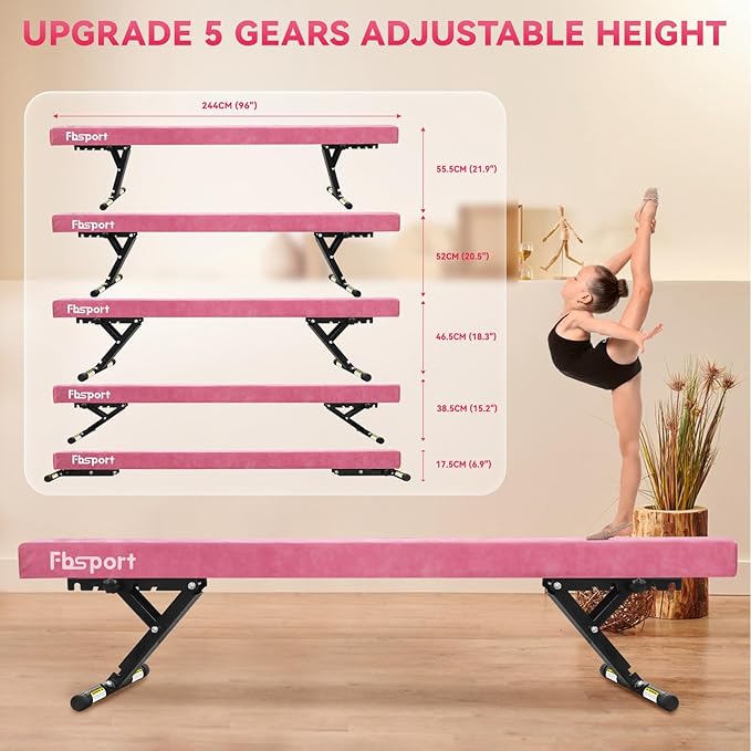 FBSPORT 8ft Adjustable Balance Beam: High and Low Floor Beam Gymnastics Equipment for Kids/Adults,Gymnastics Beam for Training,Practice, Physical Therapy and Professional Home Training with Legs