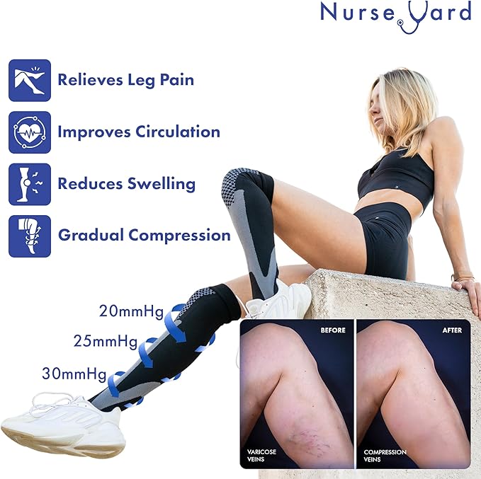 Nurse Yard Compression Socks for Women and Men | 20-30mmHg Graduated Medical Compression Socks for Nurses | Travel and Flying | Athletic Support for Running, Best Compression Socks | 1 Pair Black
