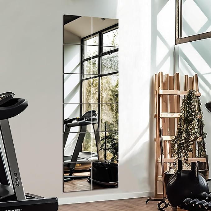 Home Gym Mirror Tiles for Wall, 12"x12"x12PCS Full Length Home Gym Workout Mirror for Garage, Bedroom, Living Room, Over The Door