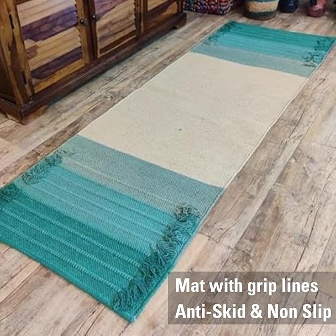 Indian Handmade100 % Organic Anti Skid Multi Colour Cotton Yoga Mat - Eco-Friendly Hand-Woven Rug - Non-Slip & Thick (24”x72”x5mm) for Hot yoga & Everyday Fitness at Home - Comfortable & Foldable Extra-Long Mat