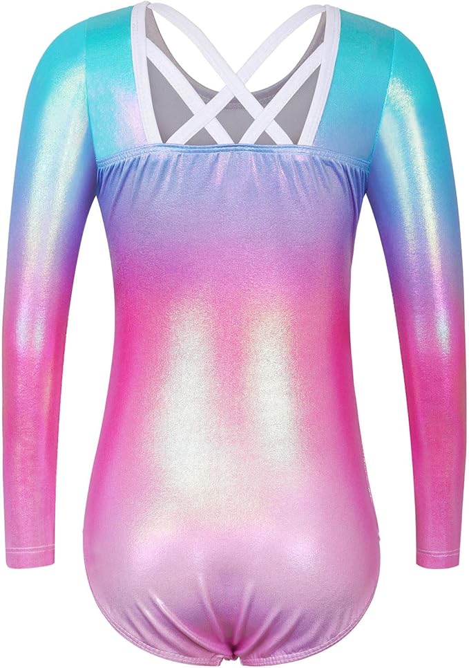 BAOHULU Gymnastics Leotards for Girls Long Sleeve Sparkly Cute Pattern Dance Outfit with Matching Shorts Set