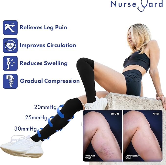 Nurse Yard Compression Socks for Women and Men | 20-30mmHg Graduated Medical Compression Socks for Nurses | Travel and Flying | Athletic Support for Running, Best Compression Socks | 1 Pair Core2Black
