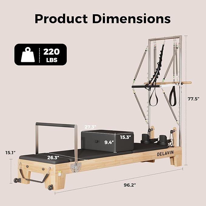 DELAVIN Pilates Reformer with Tower, Pilates Machines with Springs, Sitting Box, Jump Board and Accessories, Solid Wooden Pilates Equipment for Studio, Gym and Home Workout