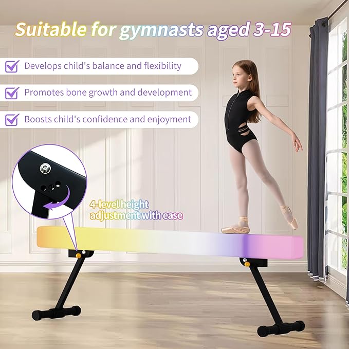 EL&IT·Wings 6ft/8ft Gymnastic Balance Beam, Adjustable High and Low Level Floor Beam - Highly Stable - Gym Practice Training Equipment for Kids Children Girls Home