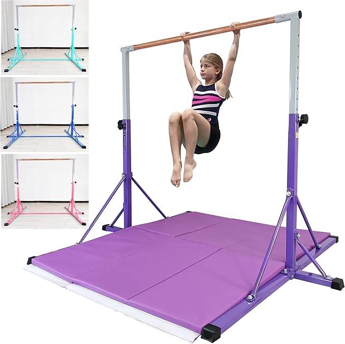 Gymnastics Bar for Kids Ages 3-15, 35" to 60" Adjustable Height, 4FT Wide Base - Professional Kip Bar with 360° Stability & Fiberglass Crossbar, Easy Fold&Solid Design for Home Training