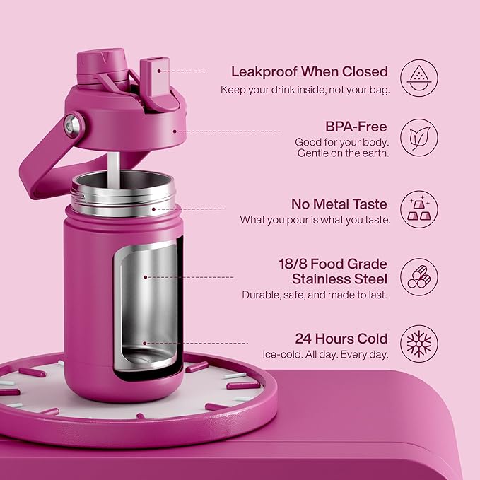 Kids Insualated Water Bottle with Straw - 12oz Stainless Steel Water Bottle with Dual Spouts, Leak-Proof, BPA-Free, Double Wall Vacuum Keeps Cold for 24 Hours for Sports, Travel, School (Turkish Rose)