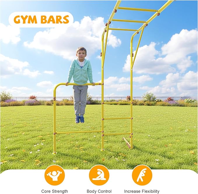 Outdoor Monkey Bars for Kids, Steel Monkey Bars for Backyard, with Climbing and Gymnastics Bar,Free-Standing Playset for Children Age 3-12,Compact for Small Yards, Yellow