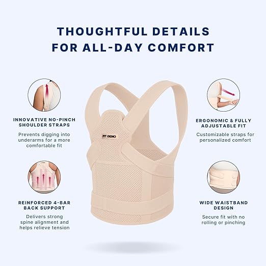 Fit Geno Back Brace Posture Corrector for Men & Women: Shoulder Straightener Adjustable Full Back Support Pain Relief - Scoliosis Hunchback Spine Corrector (Medium/Large)