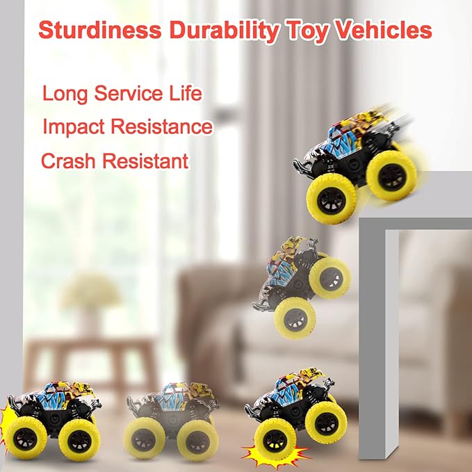 Monster Truck Toys for Ages 2-4, Friction Cars for Toddlers 1-3 Push and Go 360° Rotating Stunt Car for 2+ Year Old Boys Girls Gifts (2 Pack - Red and Yellow)