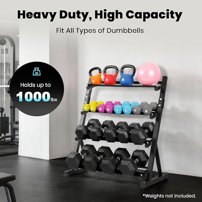 LIONSCOOL Adjustable Dumbbell Rack Stand, 4-Tier Heavy Duty Weight Storage Dumbbell Rack for Dumbbells & Kettlebells, Compact Space-Saving Organizer Stand for Home Gym, 1000+ LB Capacity