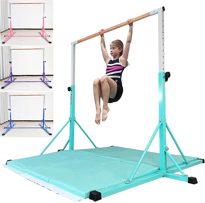 Gymnastics Bar for Kids Ages 3-15, 35" to 60" Adjustable Height, 4FT Wide Base - Professional Kip Bar with 360° Stability & Fiberglass Crossbar, Easy Fold&Solid Design for Home Training