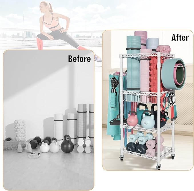 FUTASSI Home Gym Storage, 3 Tiers Workout Equipment Organizer with Wheels for Yoga Mats, Foam Roller, Dumbbells, Kettlebells, and Resistance Bands