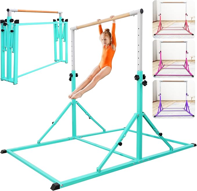 PreGymnastic Foldable Gymnastics Bar, 5.6FT Folding Horizontal Bars for Kids Ages 3-12, Weight Limit 350 LBS, Adjustable kip Bar, Children Home Gym Equipment Indoor