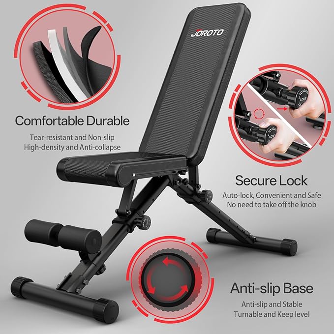 JOROTO Adjustable Weight Bench, Foldable Workout Bench for Home Gym Strength Training, Incline Decline Flat Bench Press with Wheels and Extended Backrest, Full Body Workout Equipment