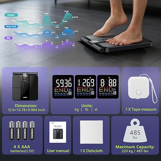 Smart Scale for Body Weight and Fat,BMI,Muscle Mass 57 Body Composition Measurement,8 Electrodes Digital Bathroom Scale,with 5.25-inch VA Color Screen on Retractable Handle,485lbs