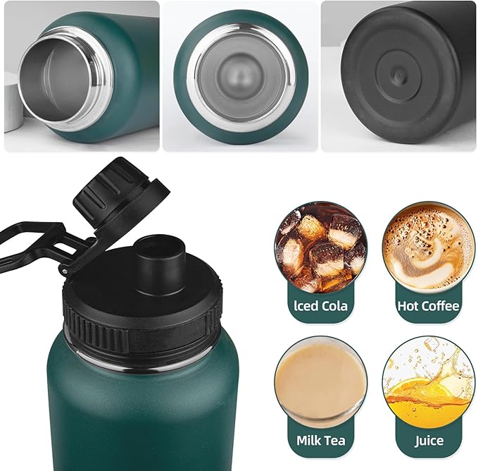 MEZMUT Stainless Steel Water Bottles 32oz Insulated Water Bottle with Straw&2 Lids Double Walled Sports Metal Cups Water Bottle Cup Leak-Proof Vacuum Insulated Bottles Travel (Gradient Green Black)
