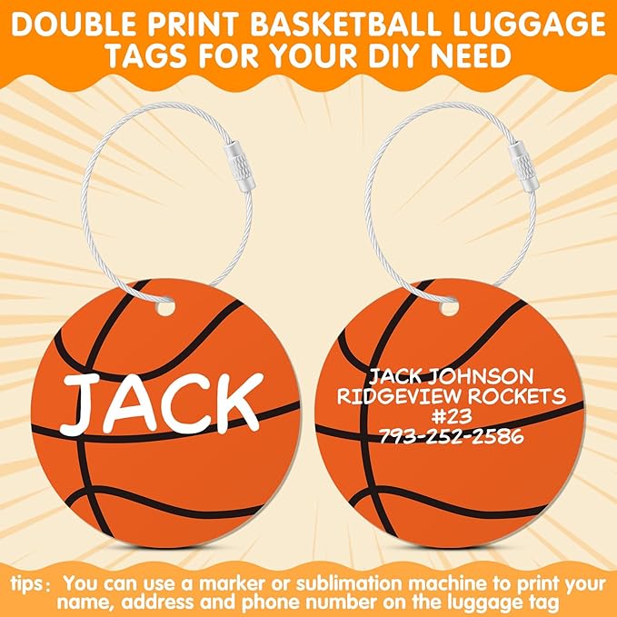 12 Pcs Basketball Luggage Tags for Travel Suitcases Labels with Metal Ring 2.75in Basketball Keychain PVC Name Id and DIY Pocket Hug Card Backpack Charm for Men Women Travel Bag Suitcase